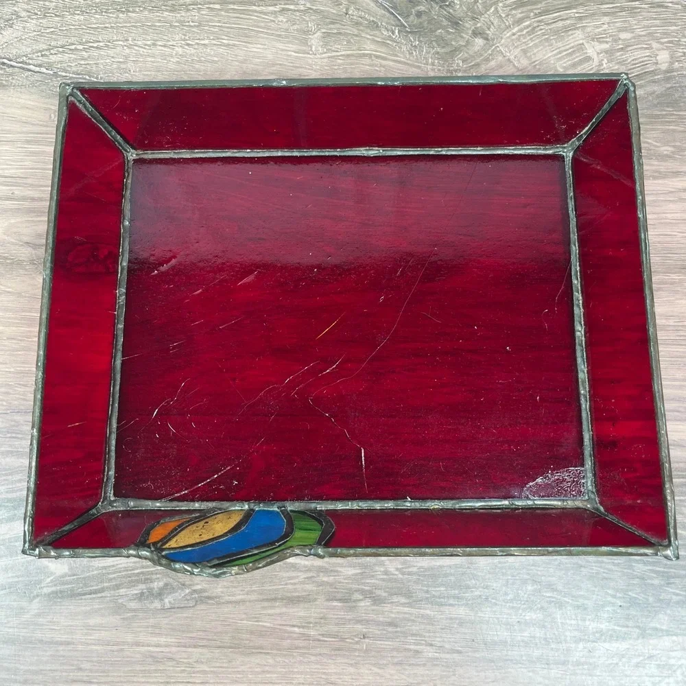Stained Glass Vanity Catch Tray Red Art Deco Floral Catchall Dish